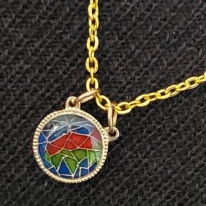 Vintage stained glass look pendant necklace goldtone blue, green, red